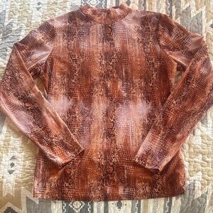 Brown Snake Print Long Sleeve Semi-Sheer Mock Neck Open Back Top from Buckle